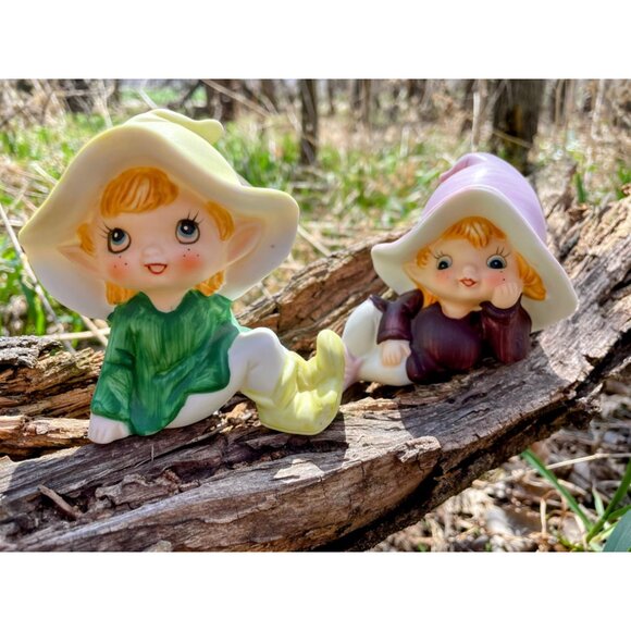 Vintage 1970s Pair Homco Bisque Porcelain Pixie fairy girls - Picture 14 of 14